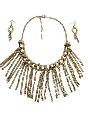 Vintage Gold Tone Fringe Necklace & Earring Set